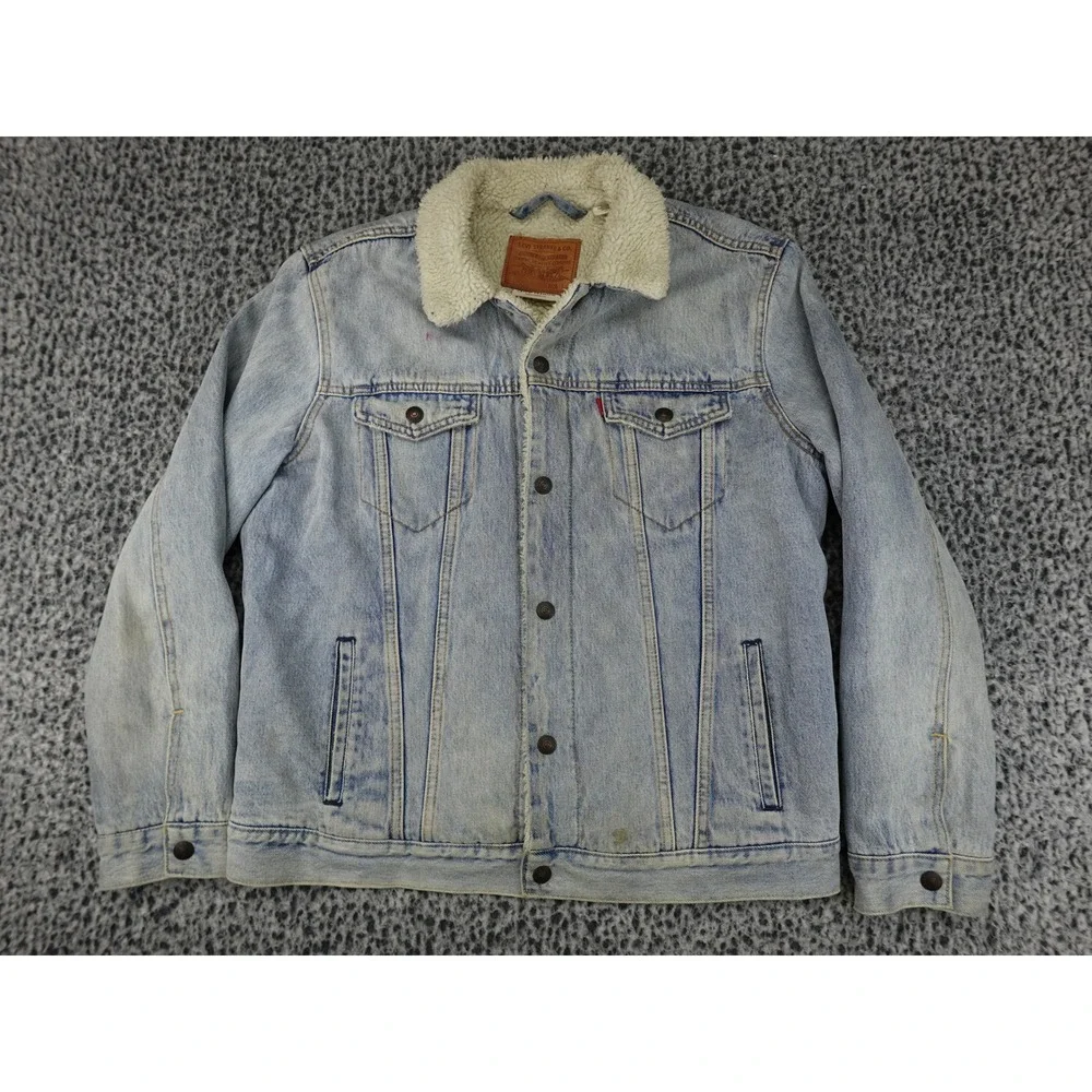 Levis Sherpa Lined Trucker Jacket Mens Large Light Blue Good Denim 16365-0070